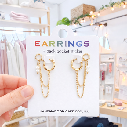 Linked Up Pearl Double Chain Double Pierced Hoops