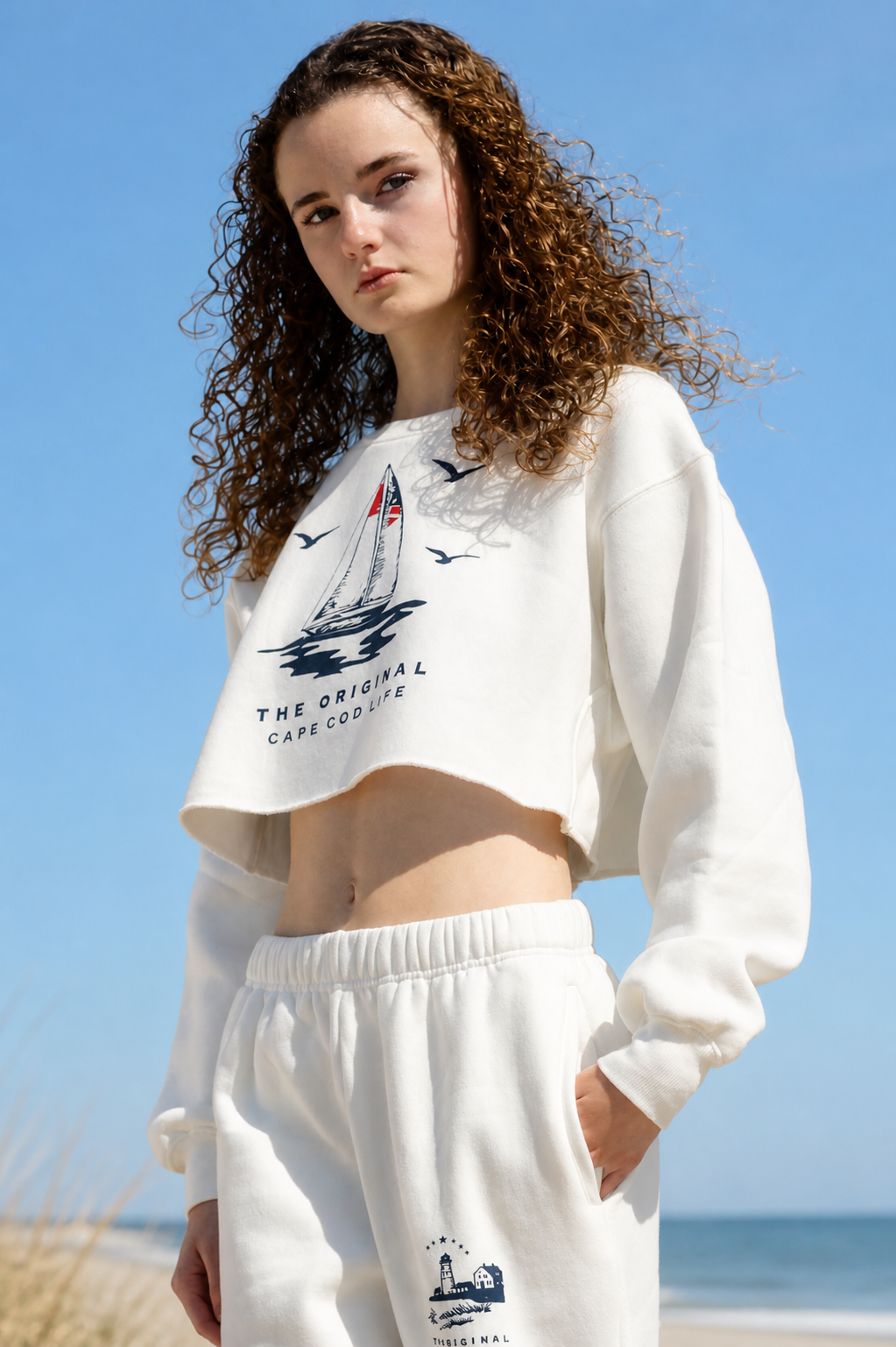 White Sailboat and Seagull Cape Cod Crop Crew