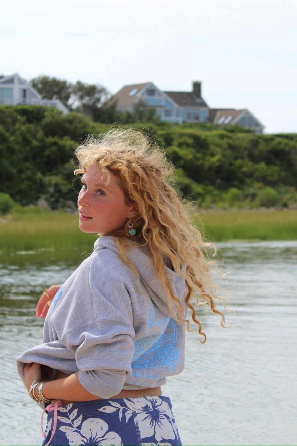 Full Length Cape Cod Puff Hoodie Ash Gray - Blue Wave Art