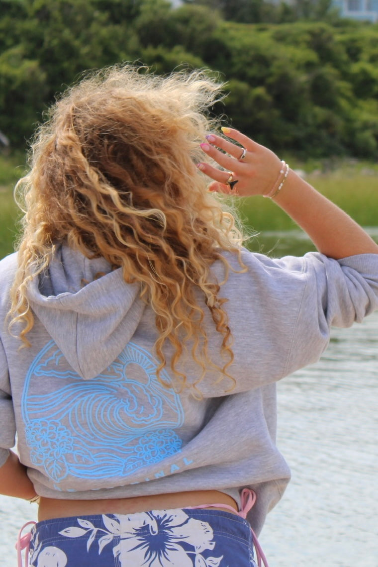 Full Length Cape Cod Puff Hoodie Ash Gray - Blue Wave Art