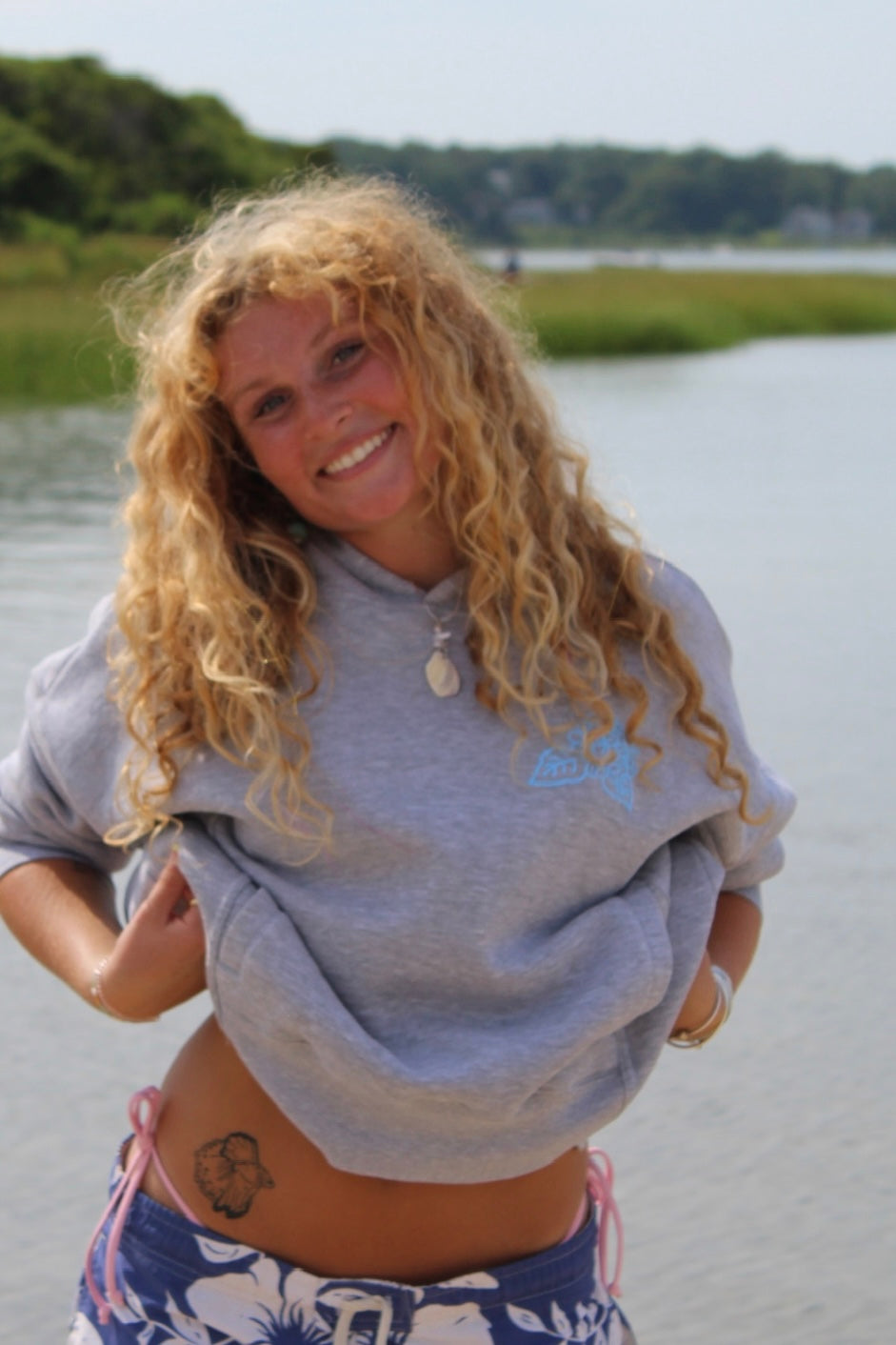Full Length Cape Cod Puff Hoodie Ash Gray - Blue Wave Art