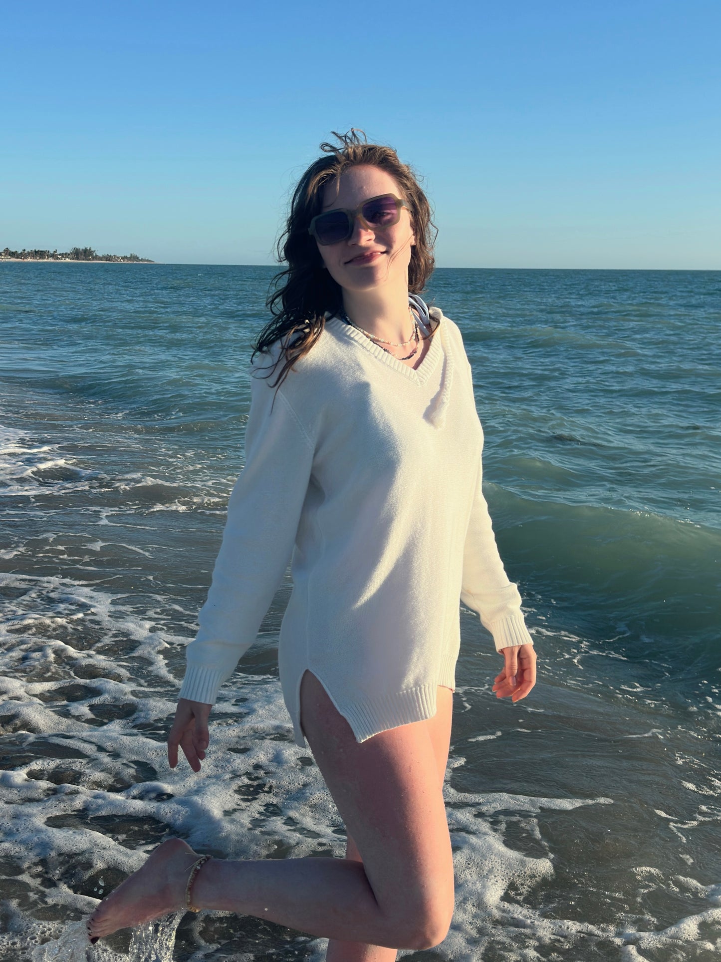 Classic White Hooded Beach Sweater