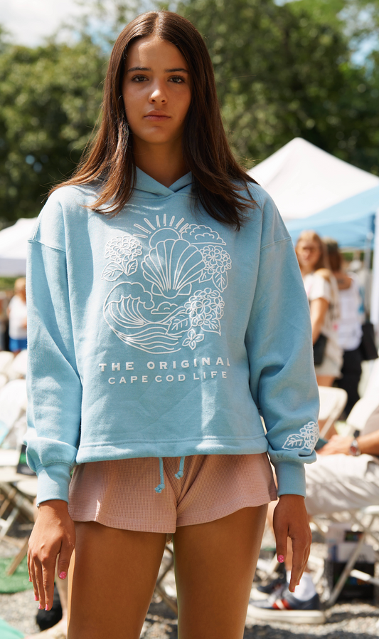 Crop Cape Cod Puff Hoodie Ella Blue - White Shell Art
