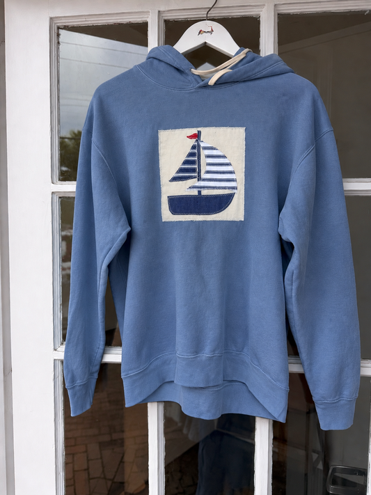 Hand Cut + Sewn HoodiesOutermost Blue Sail Boat Front