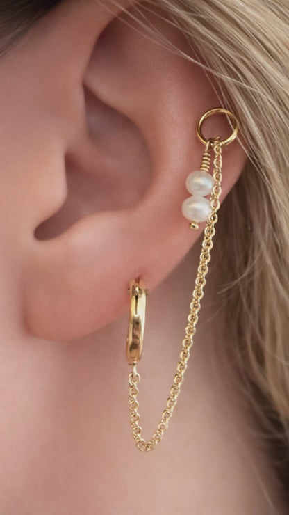 Linked Up Pearl Chain Double Pierced Hoops